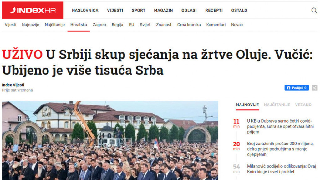 Hrvatski portal Indeks uživo prenosi ceremoniju iz Busija povodom Dan sećanja na žrtve "Oluje"